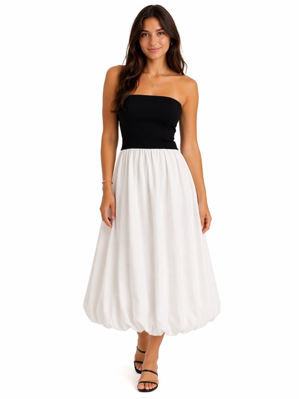 21 Saints Women Strapless Midi Dress Black White Fit Flare XS Stretch Casual NWT